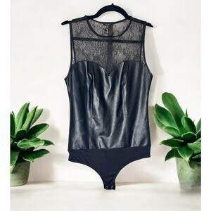NWOT Express Body Contour Lace Trim Faux Leather Thong Bodysuit Black Women's S